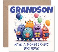 Playful Birthday Card for Grandson - Monster-sized Birthday Cheer - Colourful Cartoon Monsters in Party Mode - Sure to Make Him Giggle - 145mm Square, Envelope Included