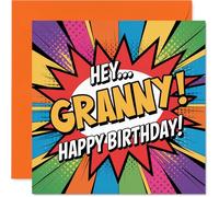 Playful Birthday Card for Granny - Bursting with Birthday Cheer - Vibrant Comic-style Design with Bold HEY... GRANNY! Text - 145mm Square, Envelope Included