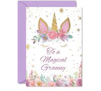 Playful Birthday Card for Granny - Sprinkle Some Magic - Whimsical Unicorn and Floral Design in Pink and Gold - Brightens Any Special Granny's Day - A5, Envelope Included