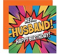 Playful Birthday Card for Husband - Bursting with Comic Energy - Vibrant Pop Art Design and Bold 'HEY... HUSBAND!' Text - 145mm Square, Envelope Included