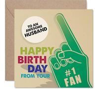 Playful Birthday Card for Husband - Cheer on Your Favourite Bloke - Foam Finger Fan Design in Bold Colours - Sure to Make Him Grin - 145mm Square, Envelope Included