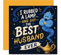 Playful Birthday Card for Husband - Three Wishes, One Amazing Hubby - Whimsical Genie and Lamp with Starry Sky, Valentine's Day - 145mm Square, Envelope Included