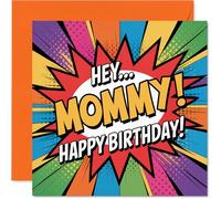 Playful Birthday Card for Mommy - Bursting with Birthday Cheer - Comic Explosion Design with Bold, Vibrant Colours - 145mm Square, Envelope Included