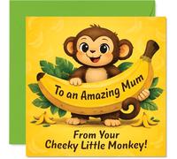 Playful Birthday Card for Mum - Cheeky Monkey Vibes - Cute Cartoon Monkey Holding a Banana with Bold Yellow and Green, Mother's Day - 145mm Square, Envelope Included