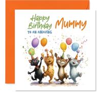 Playful Birthday Card for Mummy - Bursting with Birthday Cheer - Cartoon Cats, Balloons and Confetti Celebration - 145mm Square, Envelope Included