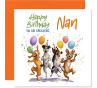 Playful Birthday Card for Nan - Bursting with Birthday Cheer - Playful Dogs and Bright Balloons in a Confetti Shower - 145mm Square, Envelope Included