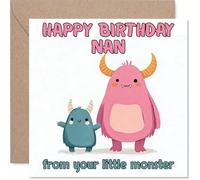 Playful Birthday Card for Nan - from Your Little Monster - Cute Pink and Blue Cartoon Monsters with a Cheeky Message - 145mm Square, Envelope Included