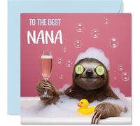 Playful Birthday Card for Nanna - Bubble Bath Giggles - Sloth Relaxing in a Tub with Colourful Bubbles, Mother's Day - 145mm Square, Envelope Included