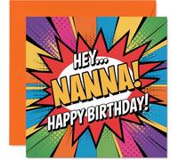 Playful Birthday Card for Nanna - Bursting with Birthday Cheer - Comic Explosion Design for Nanna - Bold Colours and Fun Energy - 145mm Square, Envelope Included