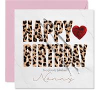 Playful Birthday Card for Nanny, Fiercely Fabulous with a Wild Twist | Leopard Print and Red Furry Heart Design, 145mm Square, Envelope Included