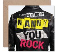 Playful Birthday Card for Nanny - Rock on, Nanny - Bold Leather Jacket Design with Vibrant Colours - Perfect for the Coolest Gran - 145mm Square, Envelope Included