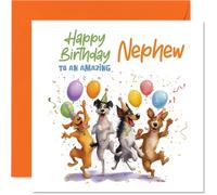 Playful Birthday Card for Nephew - Bursting with Birthday Cheer - Four Lively Dogs with Balloons and Confetti - 145mm Square, Envelope Included