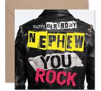 Playful Birthday Card for Nephew - Edgy Rock Vibes - Bold Leather Jacket Design with Vibrant Colours - Perfect for Celebrating a Cool Nephew - 145mm Square, Envelope Included