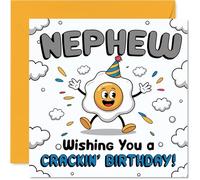 Playful Birthday Card for Nephew - Egg-cellent Birthday Vibes - Cartoon Egg in Party Hat Brings a Cracking Smile - 145mm Square, Envelope Included