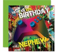 Playful Birthday Card for Nephew - Level Up the Celebrations - Vibrant Gaming Controller on a Multicolour Burst - Perfect for Fun-loving Nephews - 145mm Square, Envelope Included