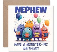 Playful Birthday Card for Nephew - Monstrously Good Fun - Colourful Cartoon Monsters in Party Mode - A Cheerful Way to Celebrate Your Nephew - 145mm Square, Envelope Included