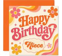 Playful Birthday Card for Niece - Groovy Retro Vibes - Bold Floral and Wavy Stripes Design in Orange, Pink and Yellow - 145mm Square, Envelope Included