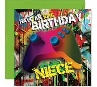 Playful Birthday Card for Niece - Level Up the Laughs - Vibrant Gaming Controller and Graffiti-style Background - 145mm Square, Envelope Included