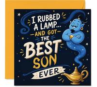 Playful Birthday Card for Son - A Wish Come True - Genie and Magic Lamp with Shimmering Stars - A Cheeky Way to Show Just How Lucky You Feel - 145mm Square, Envelope Included