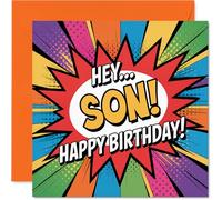 Playful Birthday Card for Son - Bursting with Birthday Cheer - Vibrant Comic-style Design with Bold Multicolour Text - Sure to Make Your Son Smile - 145mm Square, Envelope Included