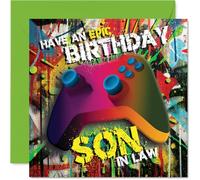 Playful Birthday Card for Son in Law - Level Up the Birthday Fun - Bold Gaming Controller and Graffiti Background - 145mm Square, Envelope Included