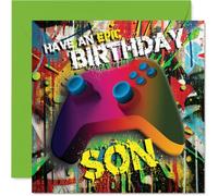 Playful Birthday Card for Son - Level Up the Birthday Fun - Vibrant Gaming Controller with Graffiti Backdrop - Perfect for Any Gamer Son - 145mm Square, Envelope Included