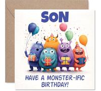 Playful Birthday Card for Son - Monster Mayhem and Birthday Cheer - Cartoon Creatures, Balloons and Gifts - 145mm Square, Envelope Included