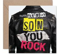 Playful Birthday Card for Son - Rock on, Legend - Bold Leather Jacket Design with Vibrant Colours - Sends Cheeky Birthday Vibes - 145mm Square, Envelope Included