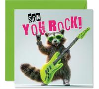 Playful Birthday Card for Son - Rock Out on Your Birthday - Cool Raccoon with Neon Guitar and Bold Pink Shout-out - 145mm Square, Envelope Included