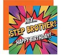 Playful Birthday Card for Step Brother - Bold Comic Vibes - Colourful Design with Dynamic 'HEY... STEP BROTHER! HAPPY BIRTHDAY!' - 145mm Square, Envelope Included