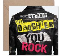 Playful Birthday Card for Step Daughter - Stepdaughter, You Rock - Punk Leather Jacket Design with Bold Splashes of Pink and Yellow - 145mm Square, Envelope Included