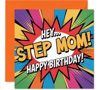 Playful Birthday Card for Step Mom - Bursting with Comic Energy - Vibrant Pop-art Design and Bold 'HEY... STEP MOM! HAPPY BIRTHDAY!' - 145mm Square, Envelope Included
