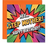 Playful Birthday Card for Step Mother - Bursting with Comic Pop Art Energy - Vibrant Multicolour Design for Your Step Mum - 145mm Square, Envelope Included