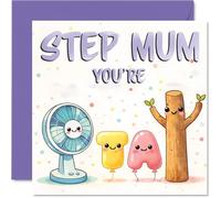 Playful Birthday Card for Step Mum - Bursting with Cheer - Adorable Pastel Cartoon Characters in a Purple Palette, Mothers' Day - 145mm Square, Envelope Included