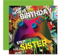 Playful Birthday Card for Step Sister - Level Up the Birthday Fun - Vibrant Gaming Controller on Graffiti-style Background - 145mm Square, Envelope Included