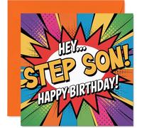 Playful Birthday Card for Step Son - Comic-style Cheek for Your Step Son's Big Day - Vibrant Multicolour Design with Bold 'HEY... STEP SON!' - 145mm Square, Envelope Included