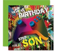 Playful Birthday Card for Step Son - Level Up the Celebrations - Vibrant Gaming Controller Design on a Burst of Colour - 145mm Square, Envelope Included
