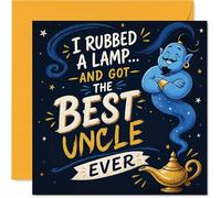 Playful Birthday Card for Uncle - Make a Wish and Get Laughs - Whimsical Genie and Lamp Design with Starry Blue Backdrop, Father's Day - 145mm Square, Envelope Included