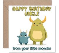 Playful Birthday Card for Uncle - Playful Birthday Wishes - Cute Cartoon Monsters in Bright Green, Blue and Yellow - 145mm Square, Envelope Included