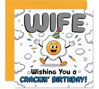 Playful Birthday Card for Wife - Proper Egg-cellent Wishes - Cartoon Egg Character in Party Mood - 145mm Square, Envelope Included