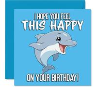 Playful Birthday Card - Full of Cheer - Smiling Dolphin Illustration in Vibrant Blue - Sure to Bring a Wave of Happiness - 145mm Square, Envelope Included