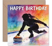 Playful Birthday Card - Full of Energy - Vibrant Curling Silhouette on a Dazzling Multicolour Background - Perfect for Sports Fans - 145mm Square, Envelope Included