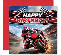 Playful Birthday Card - Full Throttle Birthday Vibes - Dynamic Red and Black Motorcycle Racing Scene - Perfect for Anyone Who Loves Speed - 145mm Square, Envelope Included
