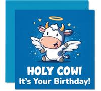 Playful Birthday Card - Heavenly Birthday Surprise - Cartoon Cow with Wings and Halo Brings a Cheeky Twist - Sure to Lift Spirits - 145mm Square, Envelope Included