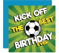 Playful Birthday Card - Kick off the Celebrations - Bold Football Design with Energetic Text - Perfect for the Sports-mad Birthday - 145mm Square, Envelope Included