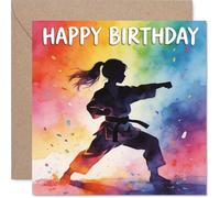 Playful Birthday Card - Kick-start the Birthday Fun - Martial Artist Silhouette on a Vibrant Rainbow Burst - 145mm Square, Envelope Included