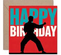 Playful Birthday Card - Kick-start the Celebrations - Martial Arts Silhouette on Bold Red - Energy-packed Design for Birthday Fun - 145mm Square, Envelope Included