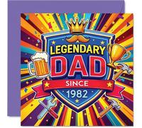 Playful Birthday Card - Legendary Dad Vibes - Bright Trophies and Tools in a Fun, Colourful Design, Father's Day - 145mm Square, Envelope Included