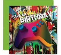 Playful Birthday Card - Level Up Their Big Day - Vibrant Gaming Controller and Splashes of Colour Design - Perfect for Gamers with a Sense of Fun - 145mm Square, Envelope Included