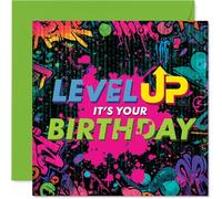 Playful Birthday Card - Level Up Your Day - Vibrant Neon Gaming and Graffiti Design - Energetic Birthday Fun for Gamers - 145mm Square, Envelope Included